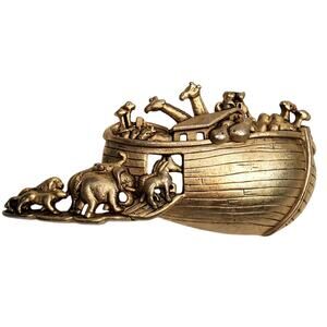 Noahs Ark Brooch AJC 3" Biblical Story Religious Religion Signed Gold Brushed